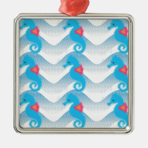 Ornamento De Metal Padrão De Ondas Azuis E Cavalos-marinhos