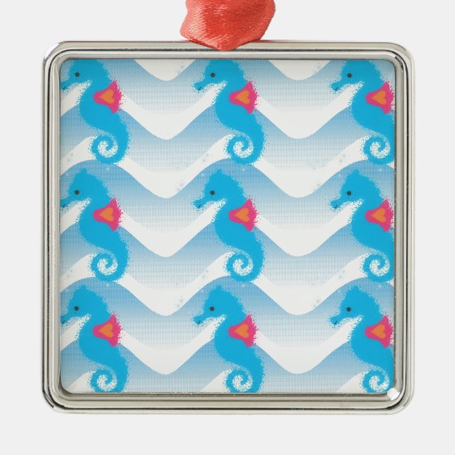 Ornamento De Metal Padrão De Ondas Azuis E Cavalos-marinhos (Frente)