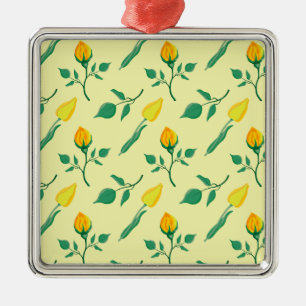 Ornamento De Metal Padrão floral com rosa amarela e flores tulipas