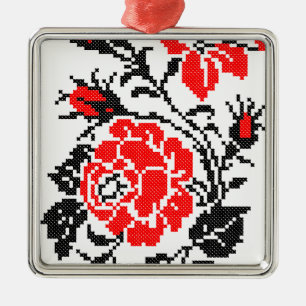 Ornamento De Metal Padrão Russo Rosa vermelho&preto