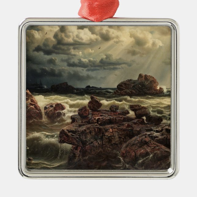 Ornamento De Metal Paisagem Costeira com Navios no Horizonte (Frente)