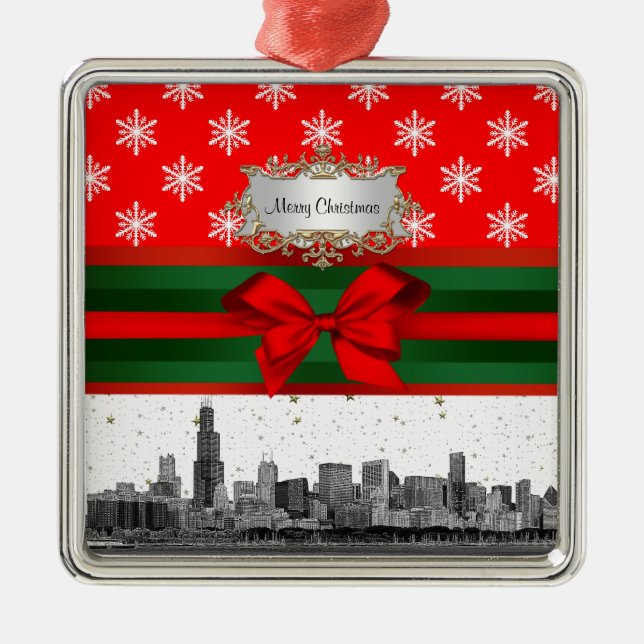 Ornamento De Metal Paisagem de Chicago Floco de Neve Vermelho Natal (Frente)