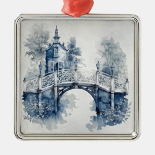 Ornamento De Metal Paisagem de estilo Delft azul e branco