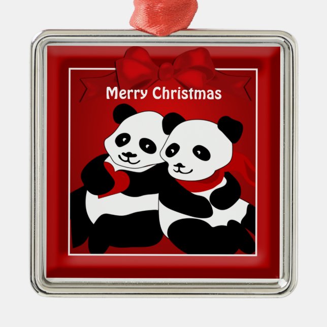 Ornamento De Metal Panda Bear Casal Natal (Frente)