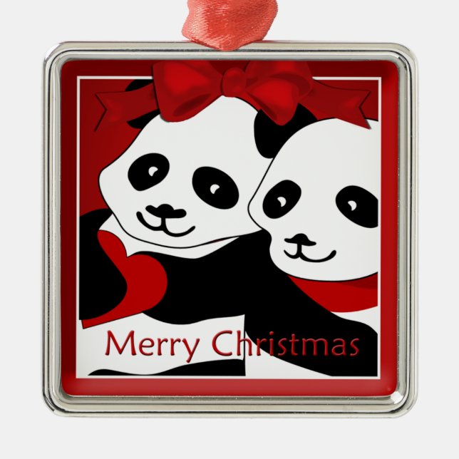 Ornamento De Metal Panda Love Casal Prêmio de Natal (Frente)
