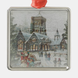 Ornamento De Metal Papai Noel antigo com crianças em frente a uma igr