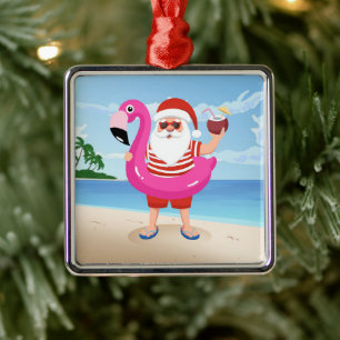 Ornamento De Metal Papai Noel com anel inflável flamingo
