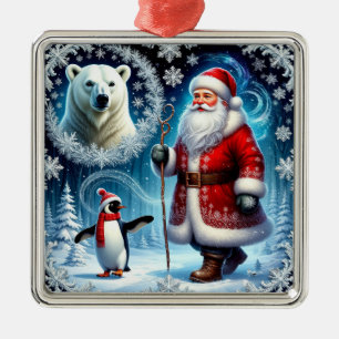 Ornamento De Metal Papai Noel Com Urso Polar E Pinguim