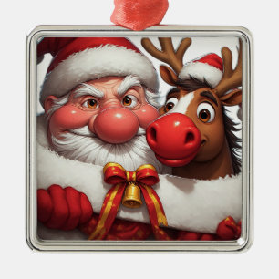 Ornamento De Metal Papai Noel de desenho animado festivo e rena
