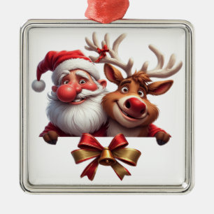 Ornamento De Metal Papai Noel de desenho animado festivo e rena