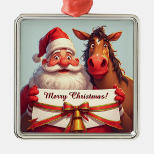 Ornamento De Metal Papai Noel e Cavalo Compartilhando Alegria Natalin