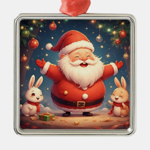 Ornamento De Metal Papai Noel e Dois Coelhos Alegres