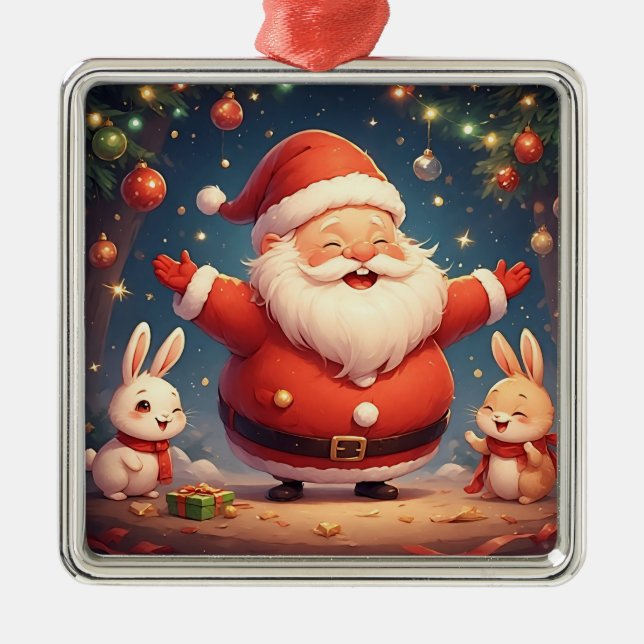 Ornamento De Metal Papai Noel e Dois Coelhos Alegres (Frente)