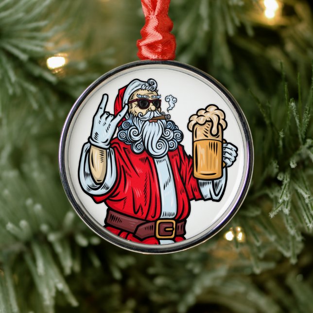 Ornamento De Metal Papai Noel Mau, Rocha, Cerveja e Charuto (Árvore)
