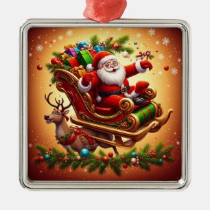 Ornamento De Metal Papai Noel montado em trenó com uma rena