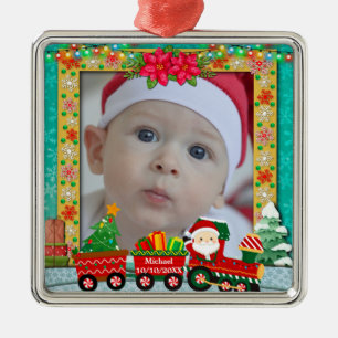Ornamento De Metal Papai Noel no Trem e Foto Bonita de Natal