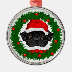 Ornamento De Metal Papai noel preto do Pug