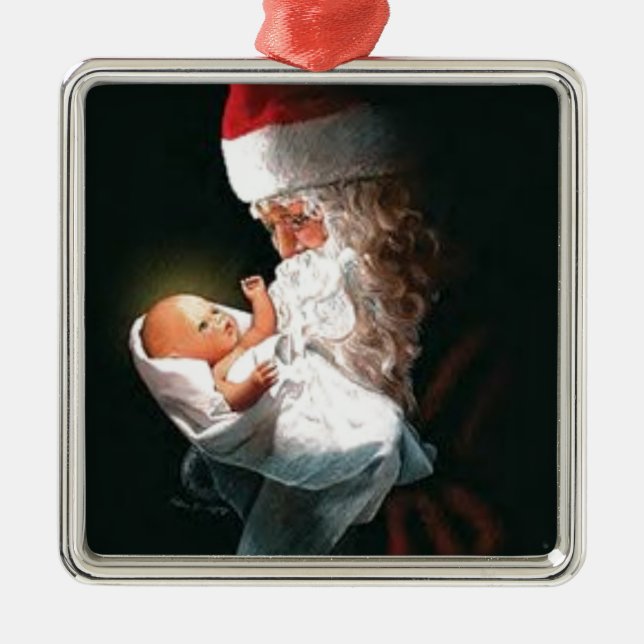 Ornamento De Metal Papai Noel segurando Jesus (Frente)