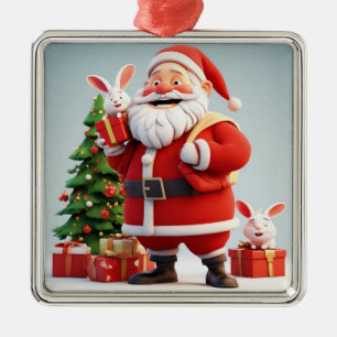 Ornamento De Metal Papai Noel segurando presente com coelhos