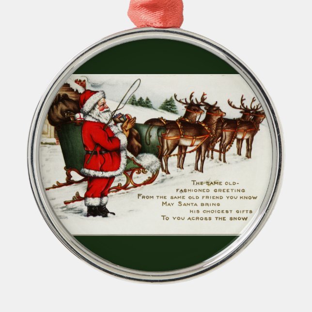 Ornamento De Metal Papais noeis e Sleigh com Reindeer Green (Frente)