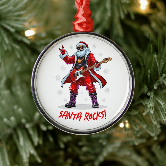 Ornamento De Metal Papais noeis Rocks! Engraçado Papai Noel tocando v (Árvore)