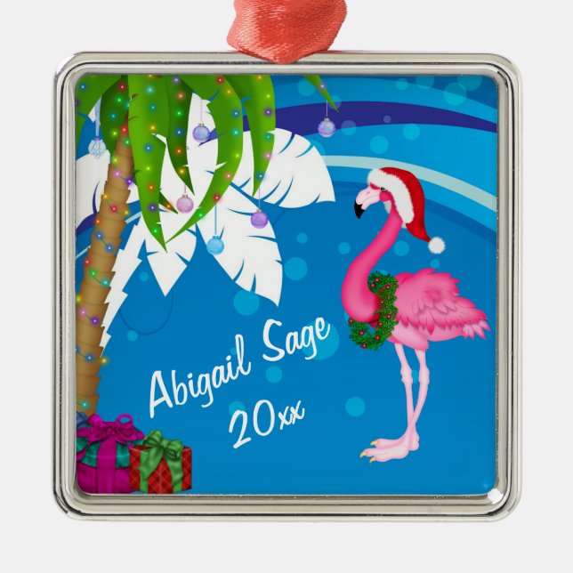 Ornamento De Metal Papais noeis Rosa Personalizados, Flamingo Beach C (Frente)