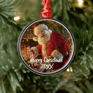 Ornamento De Metal Papais noeis Vintage sob luz Dourada Lareira