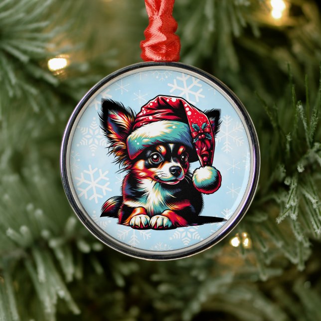 Ornamento De Metal Papillon Dog no Natal de Santa Hat (Árvore)