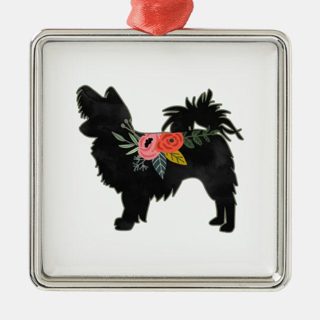 Ornamento De Metal Papillon Toy Dog Breed Boho Floral Silhouette (Frente)