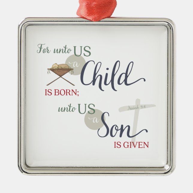 Ornamento De Metal Para nós, uma criança é Nascer (Frente)