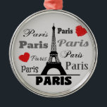 Ornamento De Metal Paris<br><div class="desc">Ilustração de design de texto de Paris com Torre Eiffel e decoração de corações vermelhos. É possível mudar a cor de fundo e adicionar uma diferente à design com sua escolha.</div>