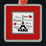 Ornamento De Metal Paris<br><div class="desc">Ilustração do design de texto de Paris com Torre Eiffel e decoração de corações vermelhos em quadrados pretos e brancos em fundo vermelho</div>