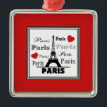 Ornamento De Metal Paris<br><div class="desc">Ilustração do design de texto de Paris com Torre Eiffel e decoração de corações vermelhos em quadrados pretos e brancos em fundo vermelho</div>