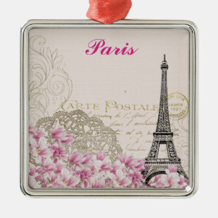 Ornamento De Metal Paris Eiffel Tower France Vintage Flores Rosa