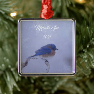 Ornamento De Metal Pássaro Bluebird em Snowy Winter Trees - Férias