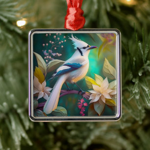 Ornamento De Metal Pássaro Branca de Teal Wing Jay Fantasy