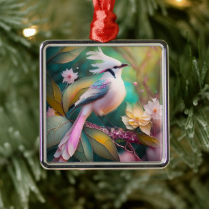 Ornamento De Metal Pássaro Fantasia Branca - Blush Tail Jay