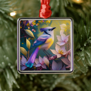 Ornamento De Metal Passaro Fantasia Violeta Tuftada Amarelo Peito