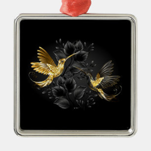 Ornamento De Metal Pássaro Humino Negro e Dourado