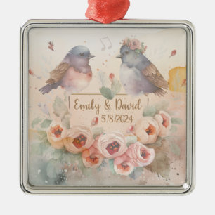 Ornamento De Metal Pássaros amantes de aquarela com rosas para casame