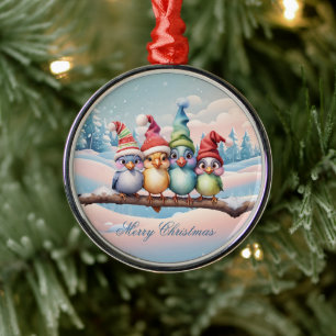 Ornamento De Metal Pássaros bonitos de fantasia com chapéus de Natal.