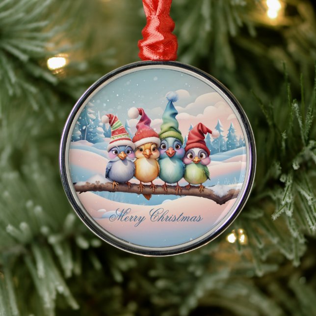 Ornamento De Metal Pássaros bonitos de fantasia com chapéus de Natal. (Árvore)