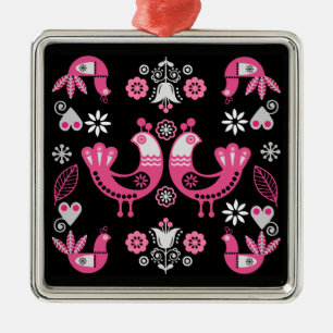 Ornamento De Metal Pássaros Rosa e Branco do Folclore Escandinavo