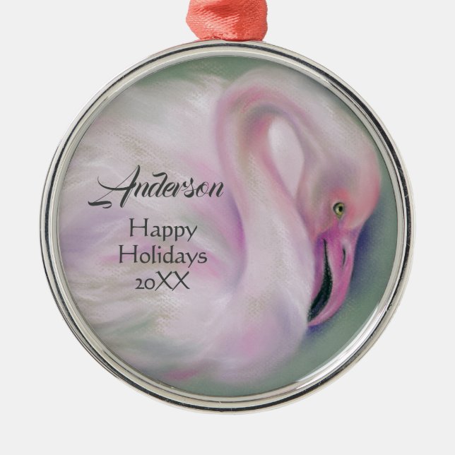 Ornamento De Metal Pastel Flamingo, Cor-de-Rosa Suave, Personalizado (Frente)
