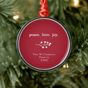Ornamento De Metal Paz Amor Alegria Azevinho Vermelho de Natal