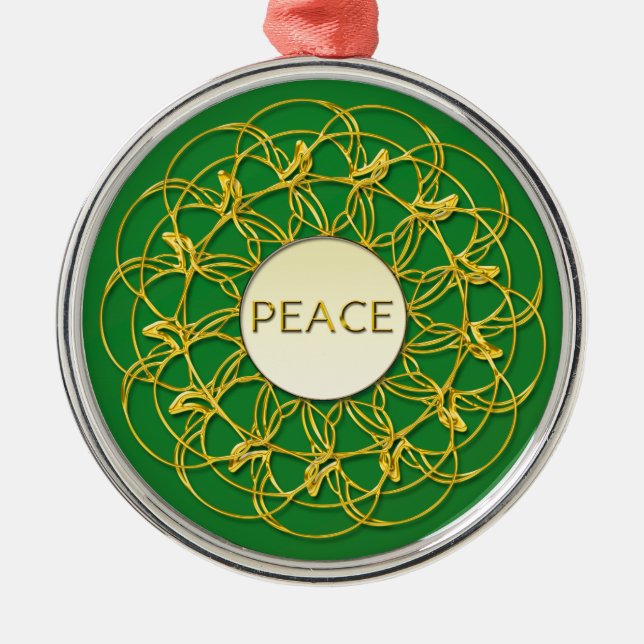 Ornamento De Metal PEACE Escrita em Lace Geométrico Dourado Design (Frente)