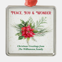 Ornamento De Metal Peace Joy & Wonder Red Poinsettia Christmas