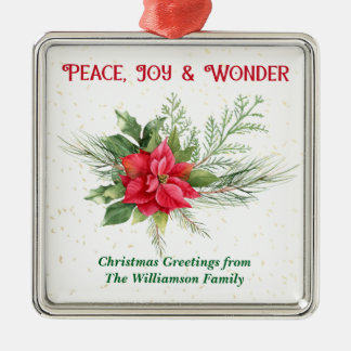 Ornamento De Metal Peace Joy & Wonder Red Poinsettia Christmas