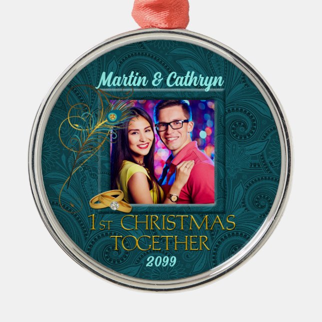 Ornamento De Metal Peacock 1rua Teal de Natal com Foto (Frente)