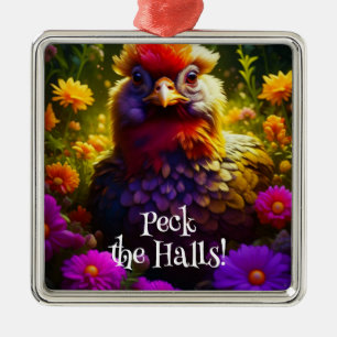 Ornamento De Metal Peck the Halls Chicken Pun Hen de Natal